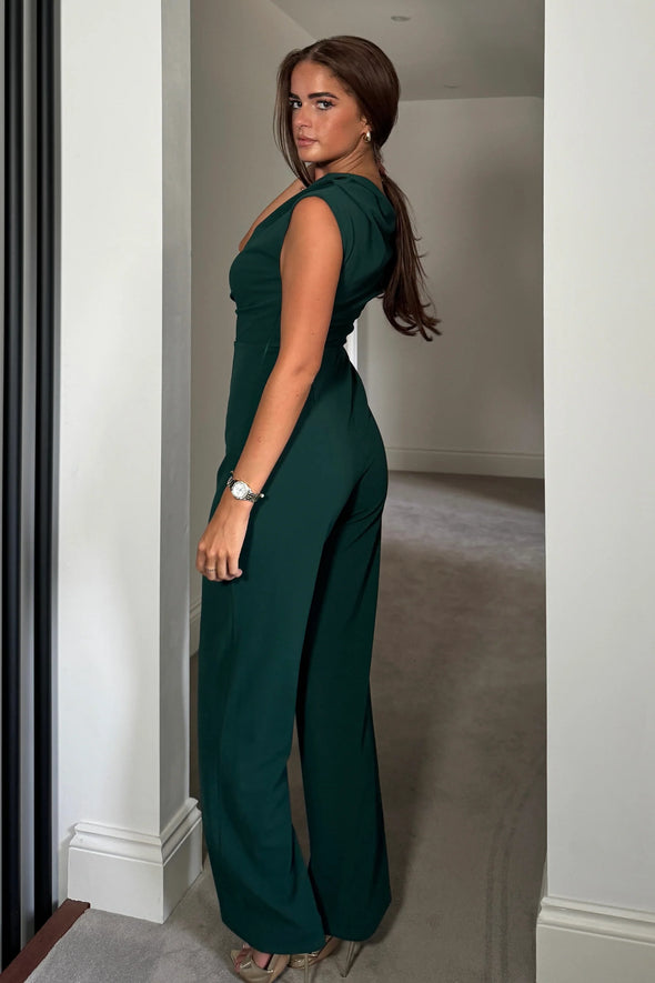 GIRL IN MIND Donna Asymmetric Neckline Emerald Jumpsuit