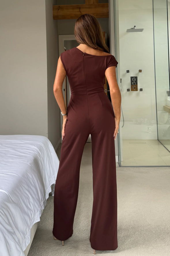 GIRL IN MIND Donna Asymmetric Neckline Jumpsuit Brown