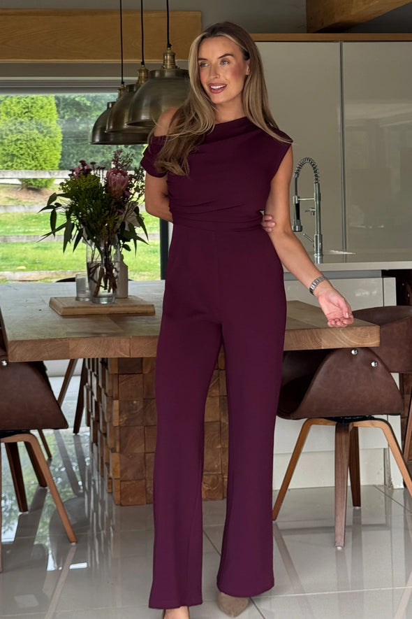 GIRL IN MIND Donna Asymmetric Neckline Jumpsuit Plum