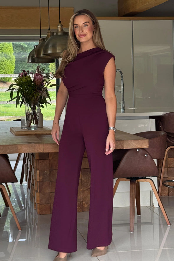 GIRL IN MIND Donna Asymmetric Neckline Jumpsuit Plum