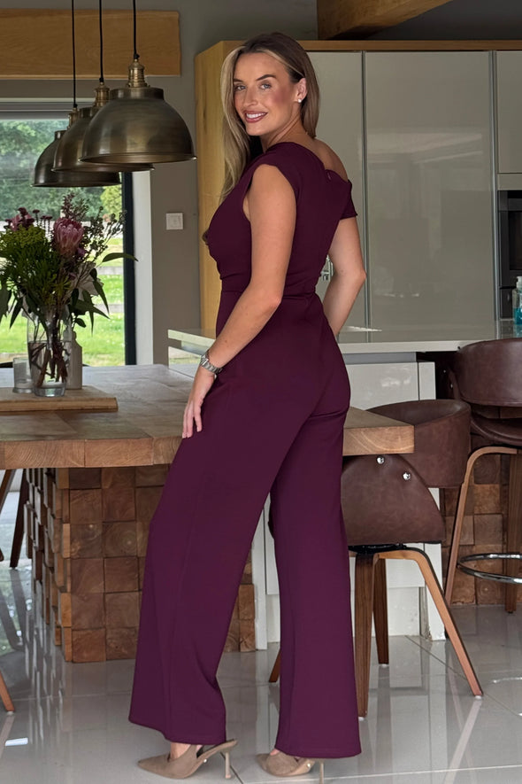 GIRL IN MIND Donna Asymmetric Neckline Jumpsuit Plum