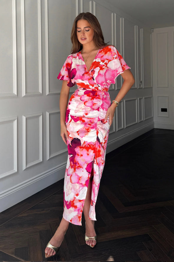 GIRL IN MIND  Priscilla Wrap Over Ruched Detail Midi Dress Pink Abstract