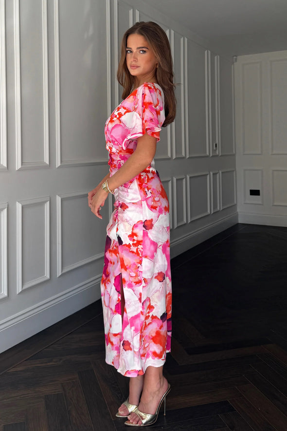 GIRL IN MIND  Priscilla Wrap Over Ruched Detail Midi Dress Pink Abstract