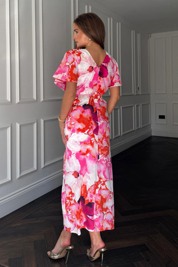 GIRL IN MIND  Priscilla Wrap Over Ruched Detail Midi Dress Pink Abstract