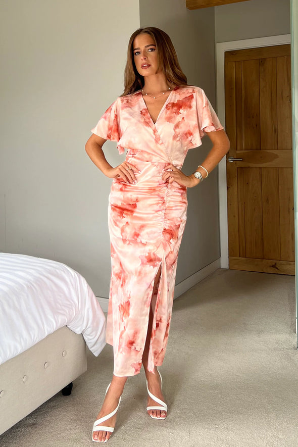 GIRL IN MIND  Priscilla Wrap Over Ruched Detail Midi Dress Pink Marble