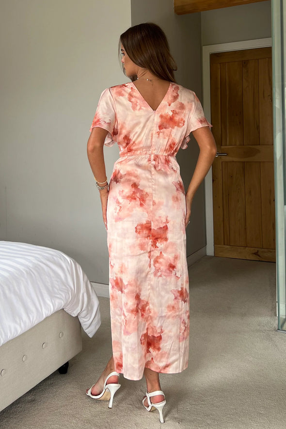 GIRL IN MIND  Priscilla Wrap Over Ruched Detail Midi Dress Pink Marble