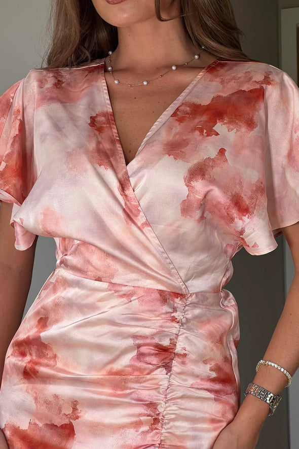 GIRL IN MIND  Priscilla Wrap Over Ruched Detail Midi Dress Pink Marble
