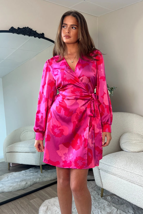 GIRL IN MIND Jenny Long Sleeve Wrap Mini Dress Pink Floral