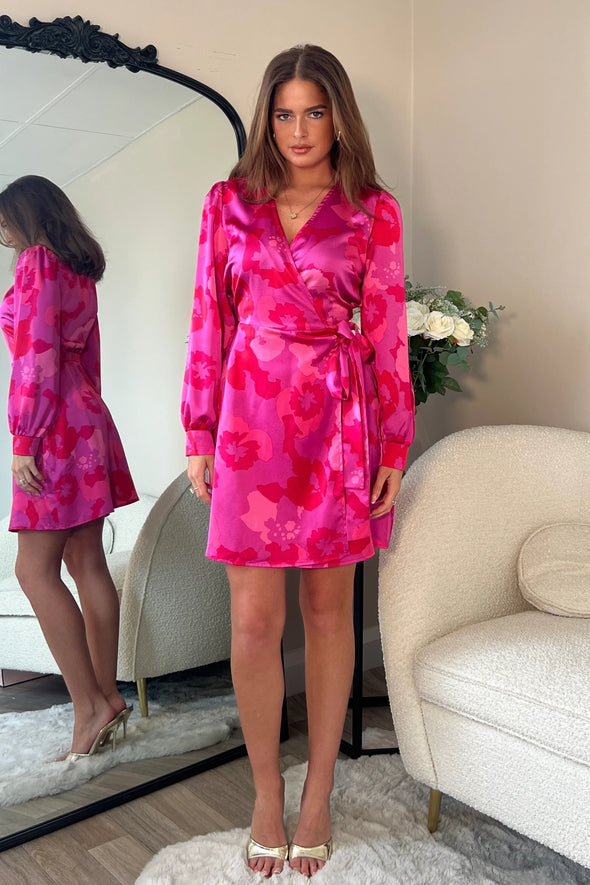 GIRL IN MIND Jenny Long Sleeve Wrap Mini Dress Pink Floral