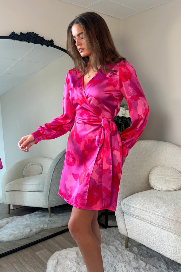 GIRL IN MIND Jenny Long Sleeve Wrap Mini Dress Pink Floral