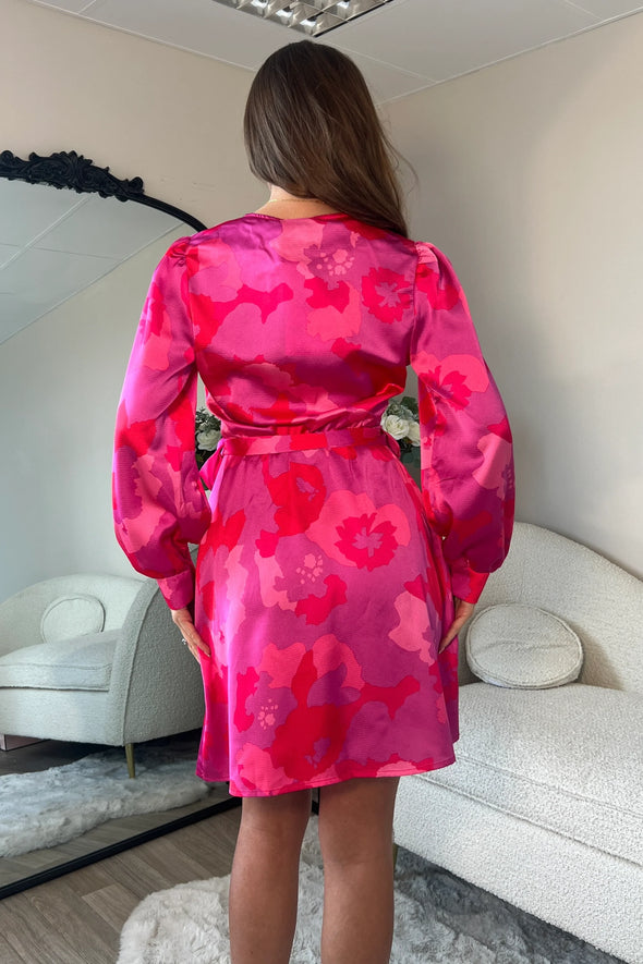 GIRL IN MIND Jenny Long Sleeve Wrap Mini Dress Pink Floral