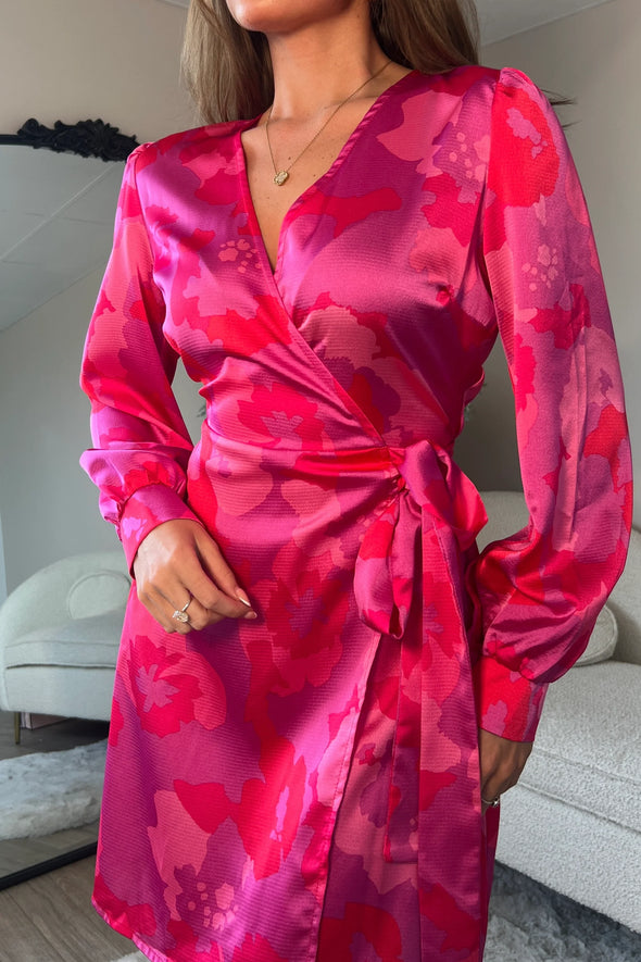 GIRL IN MIND Jenny Long Sleeve Wrap Mini Dress Pink Floral