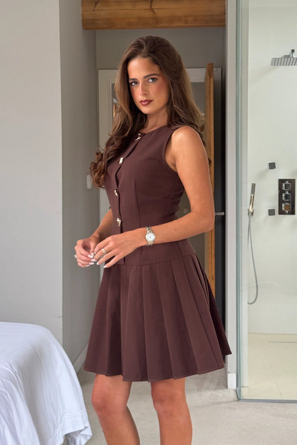 GIRL IN MIND Penelope Tailored Pleated Mini Dress Brown