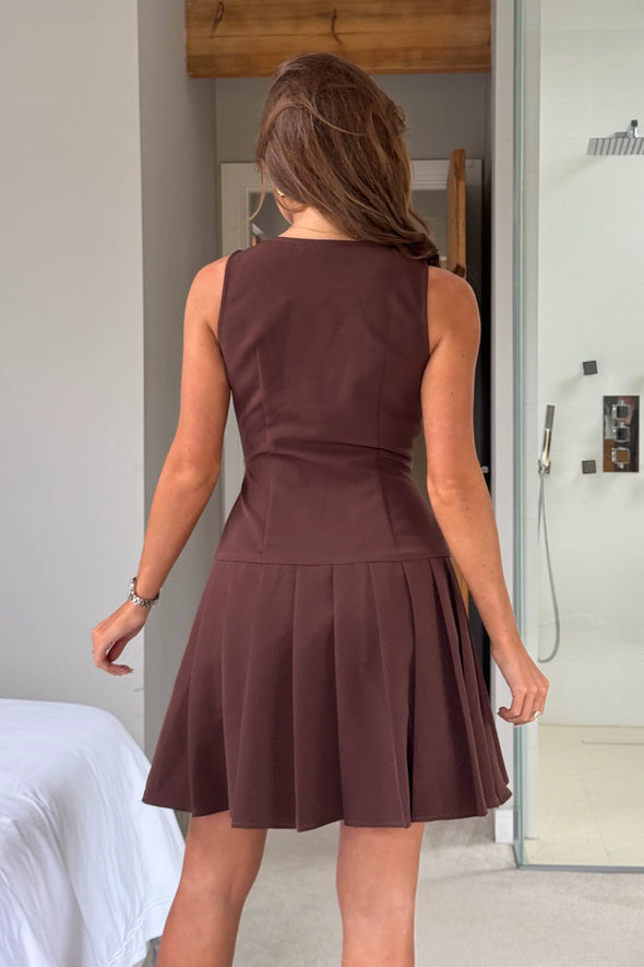 GIRL IN MIND Penelope Tailored Pleated Mini Dress Brown