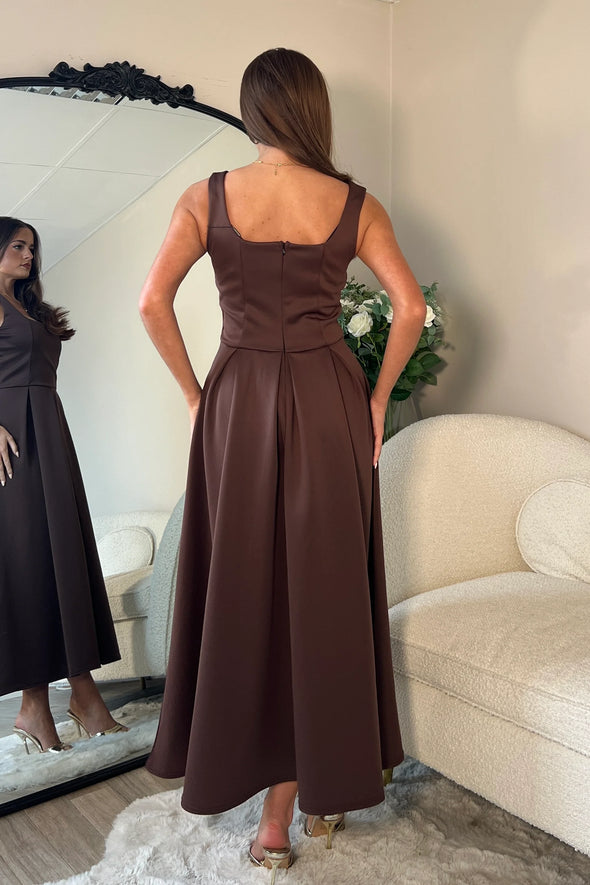 GIRL IN MIND Erica Square Neck Pleated Midi Dress Brown