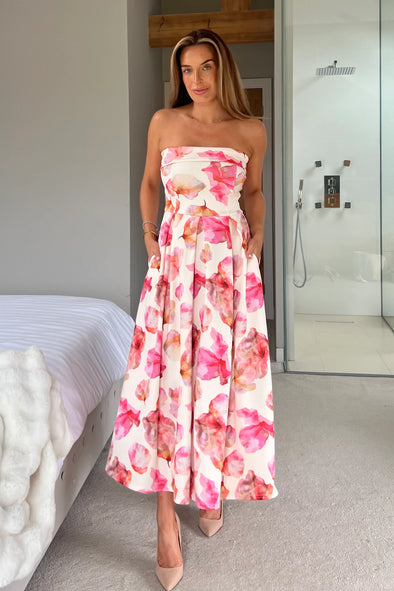 GIRL IN MIND Danni Strapless Bandeau Midi Dress Pink & Yellow Print