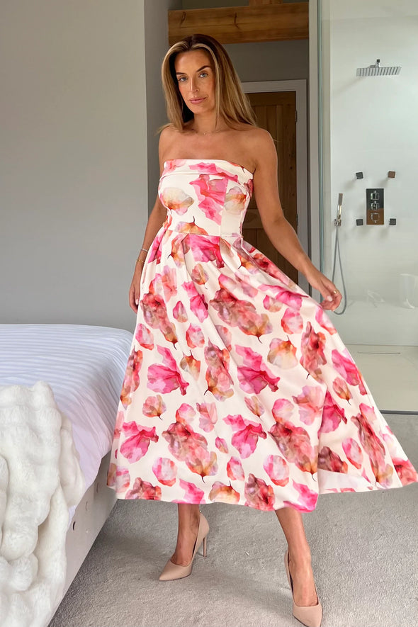 GIRL IN MIND Danni Strapless Bandeau Midi Dress Pink & Yellow Print
