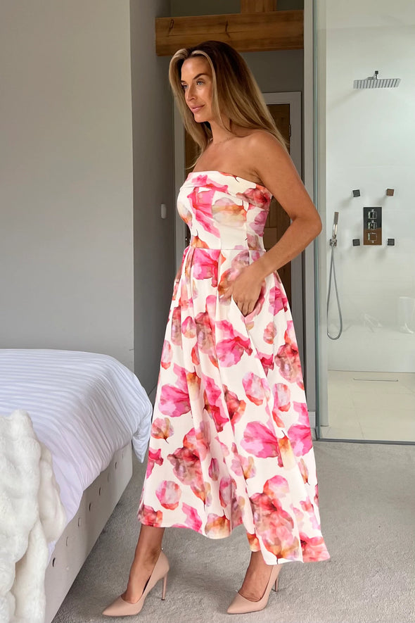 GIRL IN MIND Danni Strapless Bandeau Midi Dress Pink & Yellow Print