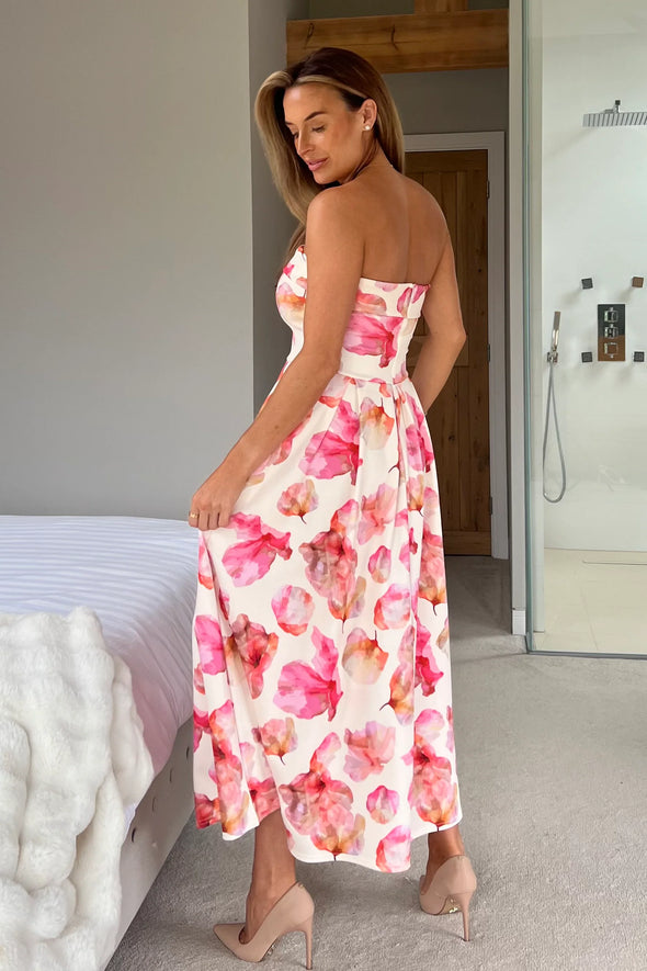 GIRL IN MIND Danni Strapless Bandeau Midi Dress Pink & Yellow Print