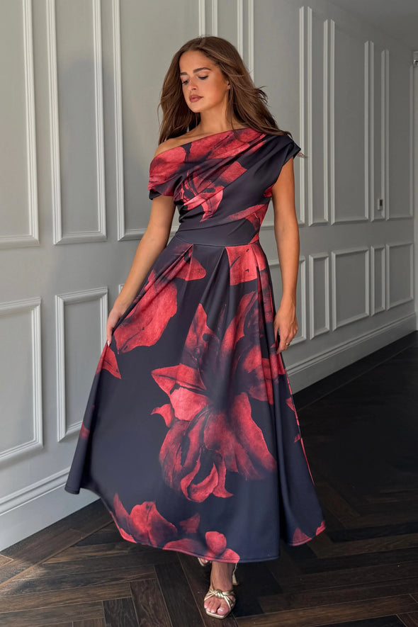 GIRL IN MIND Betty Asymmetric Neckline Skater Midi Black Floral