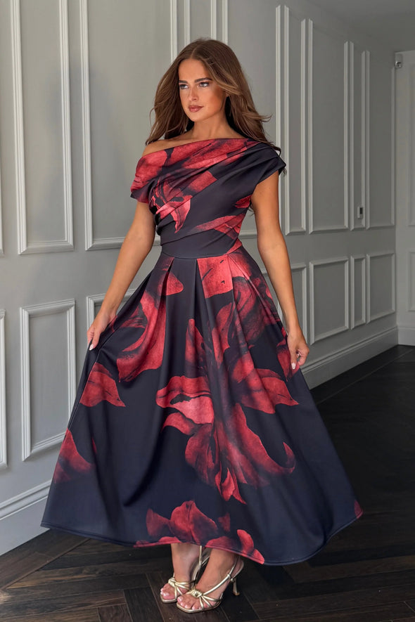 GIRL IN MIND Betty Asymmetric Neckline Skater Midi Black Floral