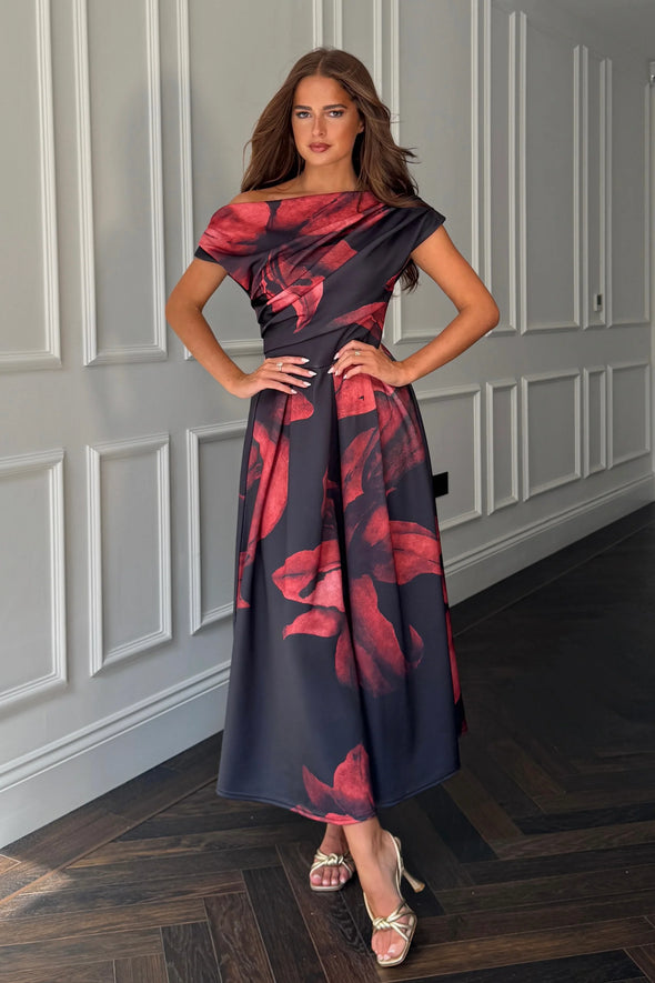 GIRL IN MIND Betty Asymmetric Neckline Skater Midi Black Floral