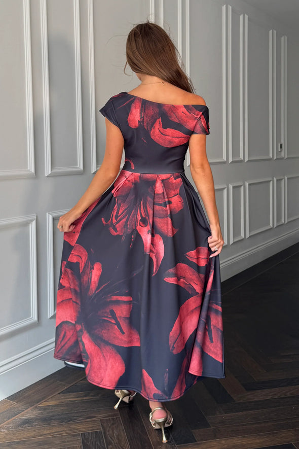 GIRL IN MIND Betty Asymmetric Neckline Skater Midi Black Floral