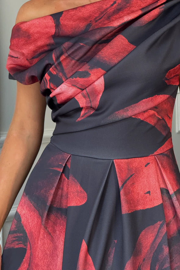 GIRL IN MIND Betty Asymmetric Neckline Skater Midi Black Floral