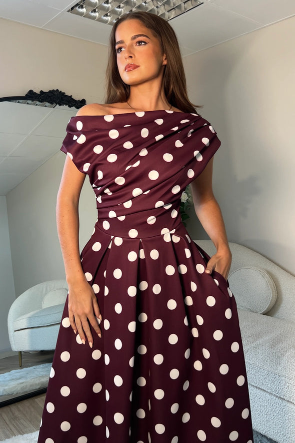 GIRL IN MIND Betty Asymmetric Neckline Skater Midi Berry Spot