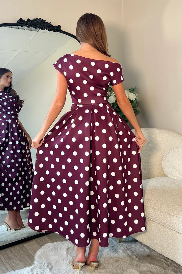 GIRL IN MIND Betty Asymmetric Neckline Skater Midi Berry Spot