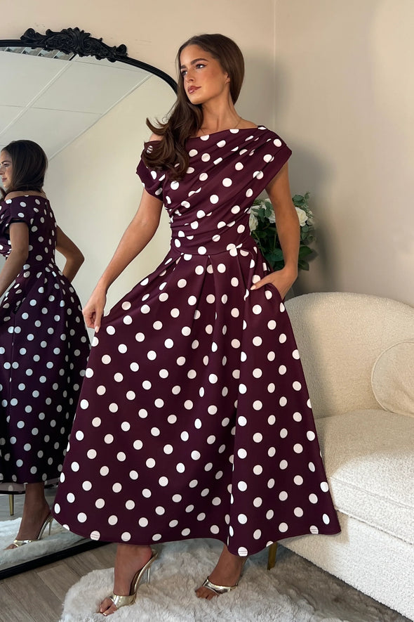 GIRL IN MIND Betty Asymmetric Neckline Skater Midi Berry Spot