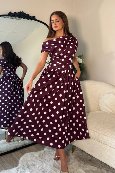 GIRL IN MIND Betty Asymmetric Neckline Skater Midi Berry Spot