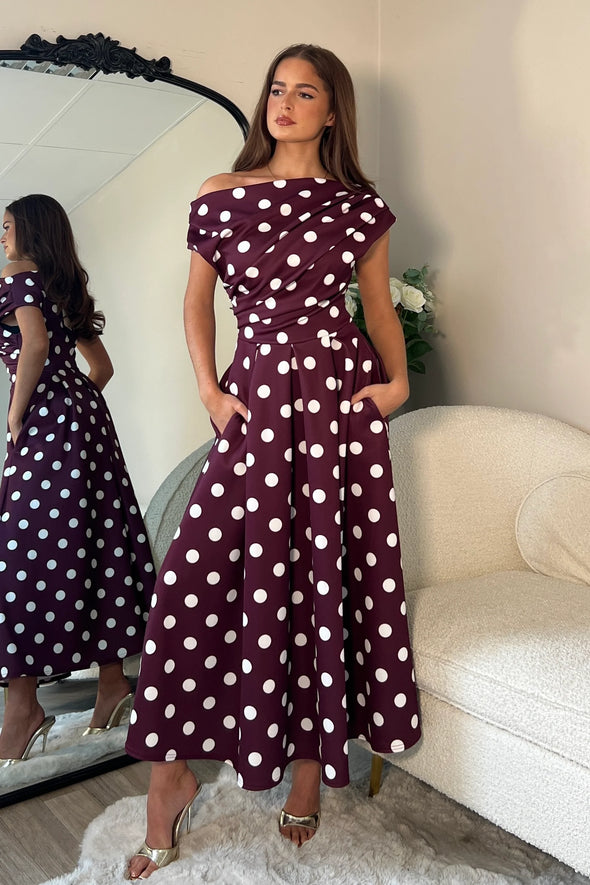 GIRL IN MIND Betty Asymmetric Neckline Skater Midi Berry Spot