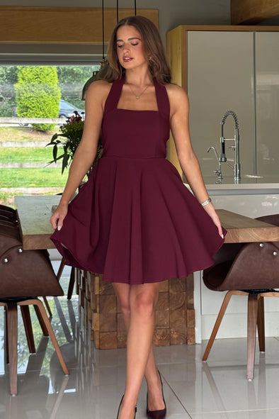 GIRL IN MIND Pandora Halter Neck Mini Skater Dress Berry