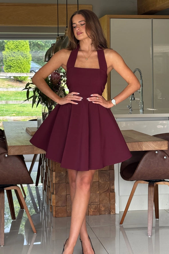 GIRL IN MIND Pandora Halter Neck Mini Skater Dress Berry