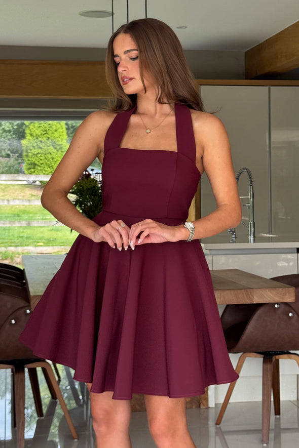 GIRL IN MIND Pandora Halter Neck Mini Skater Dress Berry
