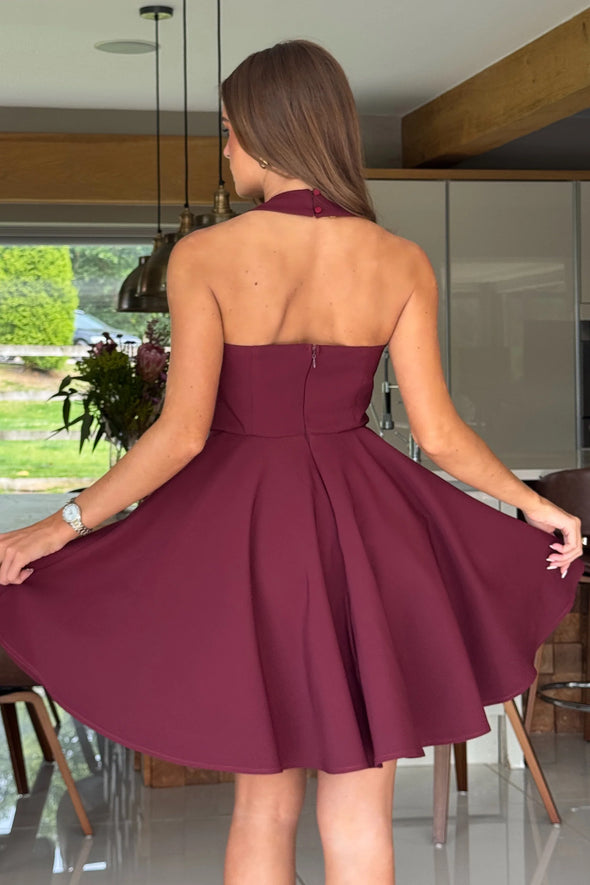 GIRL IN MIND Pandora Halter Neck Mini Skater Dress Berry