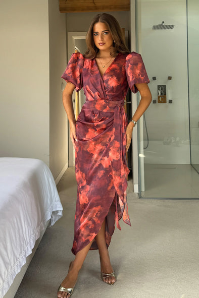 GIRL IN MIND Drew Puff Sleeve Wrap Front Midi Dress Orange Marble