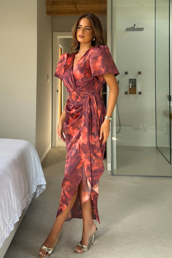 GIRL IN MIND Drew Puff Sleeve Wrap Front Midi Dress Orange Marble