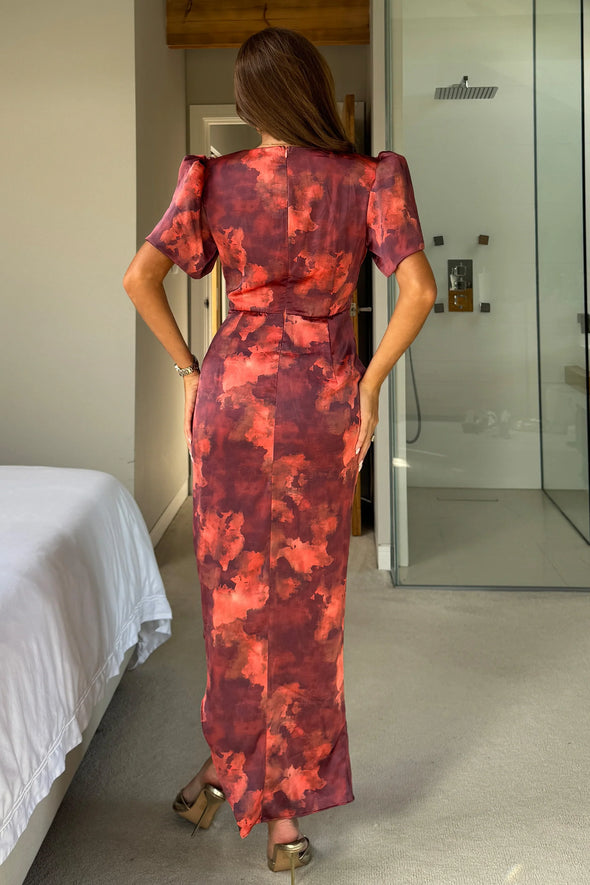 GIRL IN MIND Drew Puff Sleeve Wrap Front Midi Dress Orange Marble