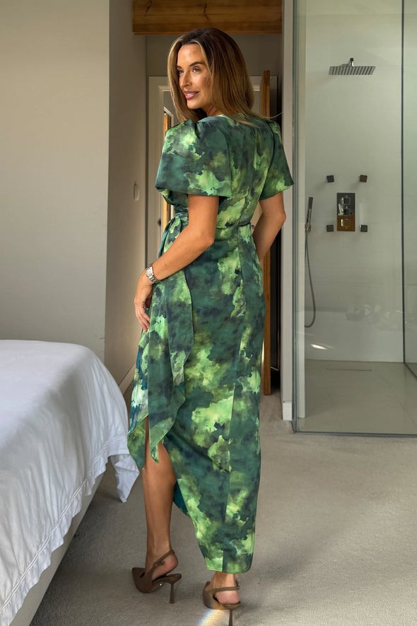 GIRL IN MIND Drew Puff Sleeve Wrap Front Midi Dress Green Marble