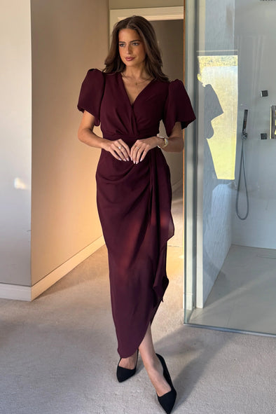 GIRL IN MIND Drew Puff Sleeve Wrap Front Midi Dress Plum