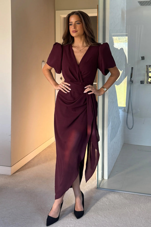 GIRL IN MIND Drew Puff Sleeve Wrap Front Midi Dress Plum