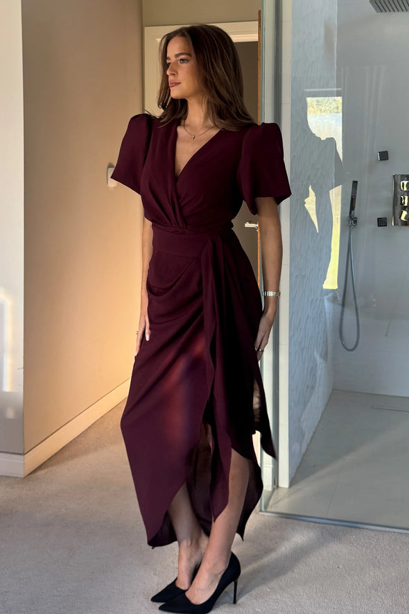 GIRL IN MIND Drew Puff Sleeve Wrap Front Midi Dress Plum