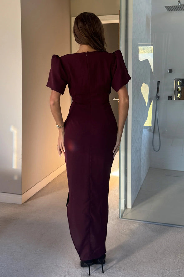 GIRL IN MIND Drew Puff Sleeve Wrap Front Midi Dress Plum