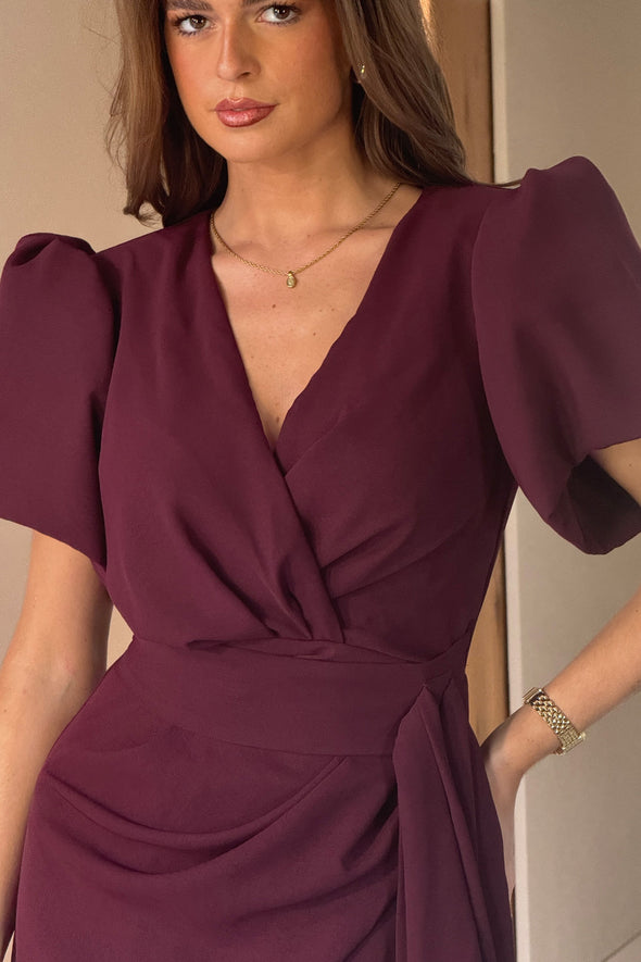 GIRL IN MIND Drew Puff Sleeve Wrap Front Midi Dress Plum