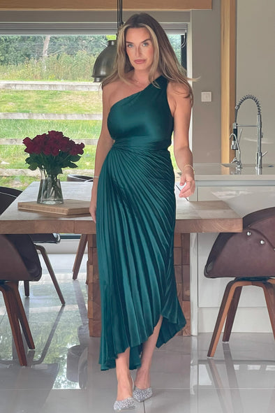 GIRL IN MIND Aoife One Shoulder Pleated Midi Dress Emerald