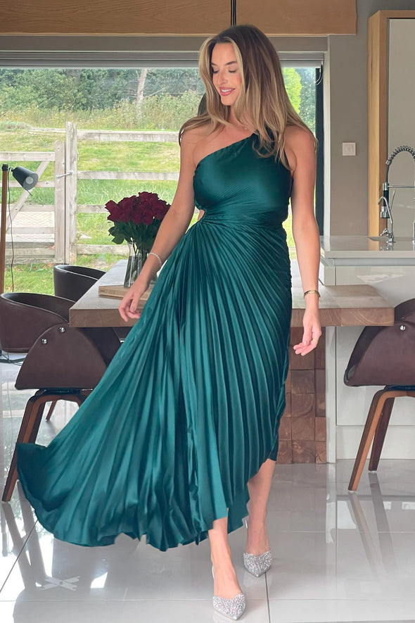GIRL IN MIND Aoife One Shoulder Pleated Midi Dress Emerald
