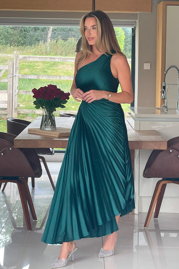 GIRL IN MIND Aoife One Shoulder Pleated Midi Dress Emerald