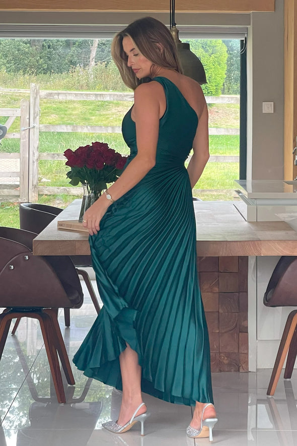 GIRL IN MIND Aoife One Shoulder Pleated Midi Dress Emerald